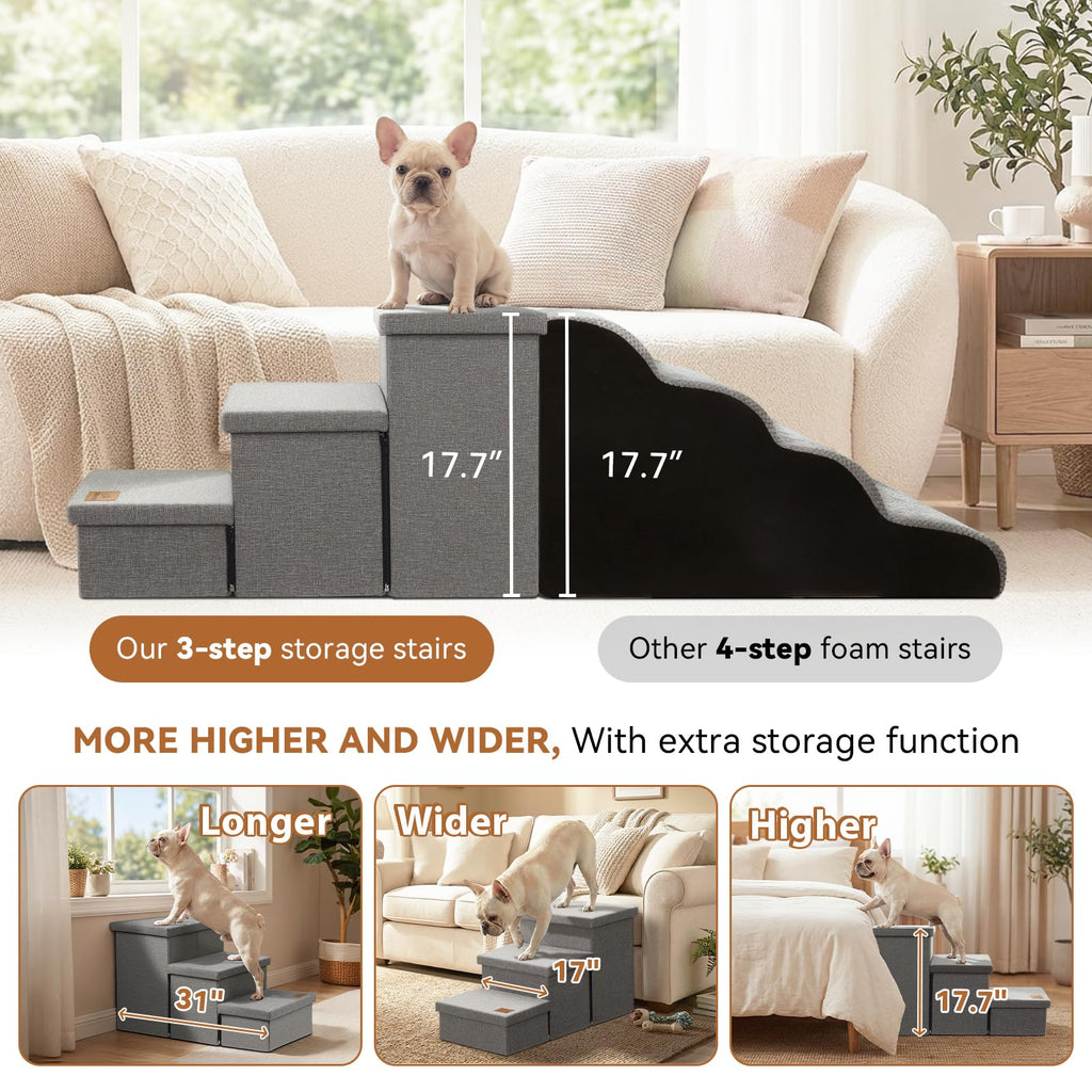 Grey 3 Steps Dog Stairs with Storage D664659
