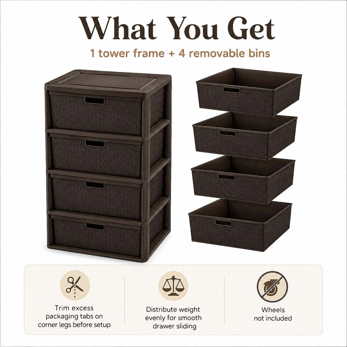 4 Drawer Tower with Removable Bins C12968