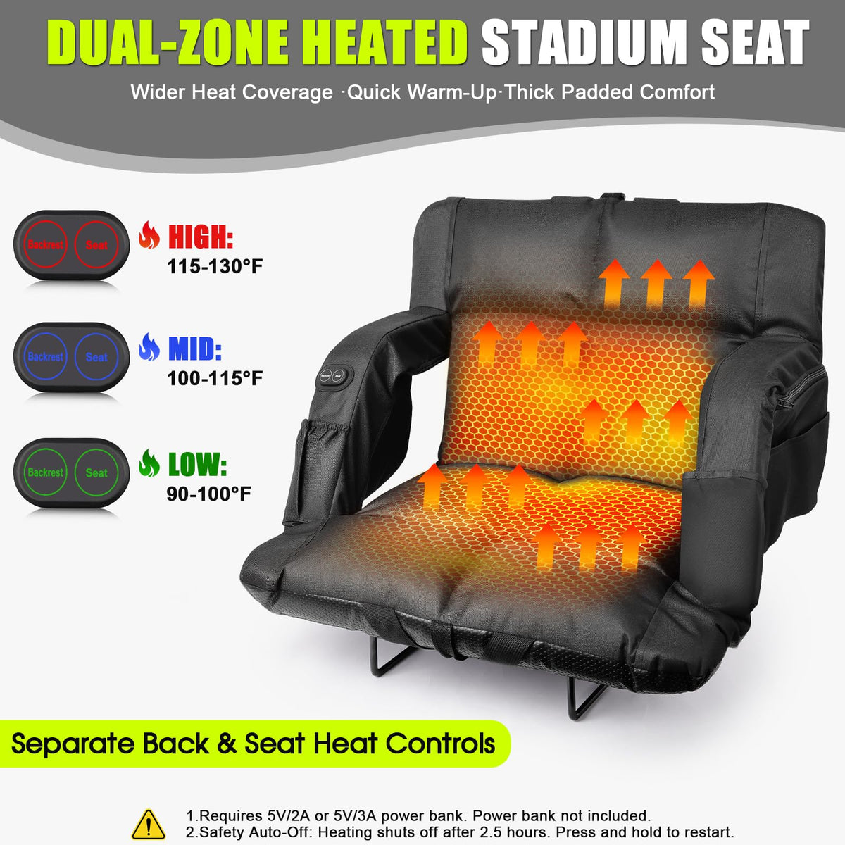 Heated Stadium Seats with Back Support, 3 Heat Settings T415