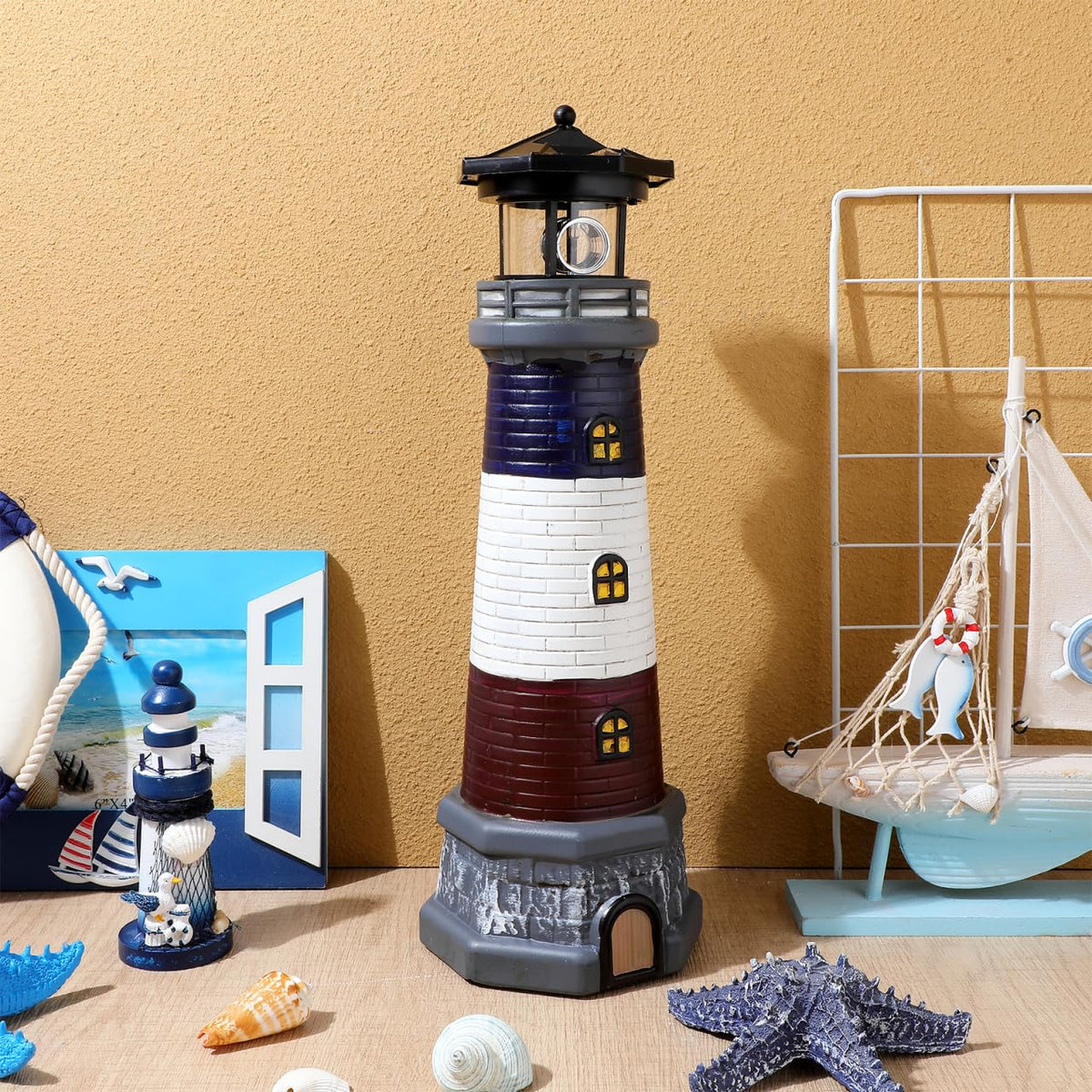Solar Lighthouse Statue, Resin Waterproof, Black, 4.72 X 4.72 X 14.76 Inches T6602