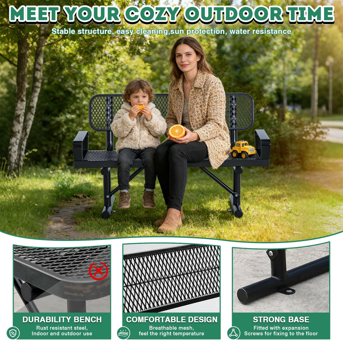 4FT Black Metal Garden Bench with Backrest W588775