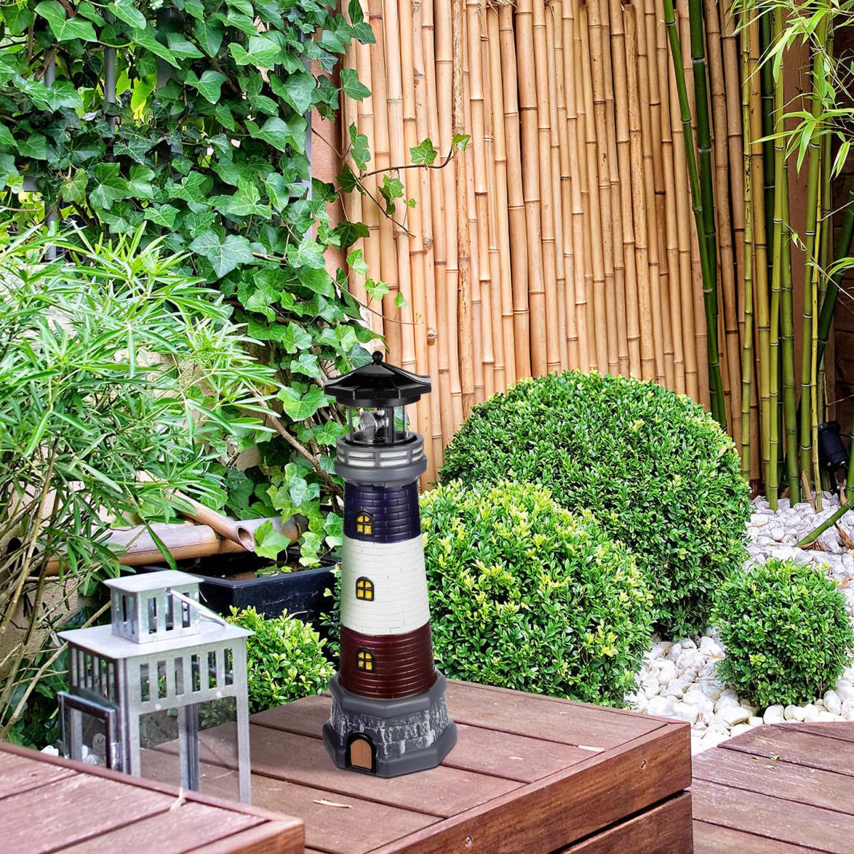 Solar Lighthouse Statue, Resin Waterproof, Black, 4.72 X 4.72 X 14.76 Inches T6602