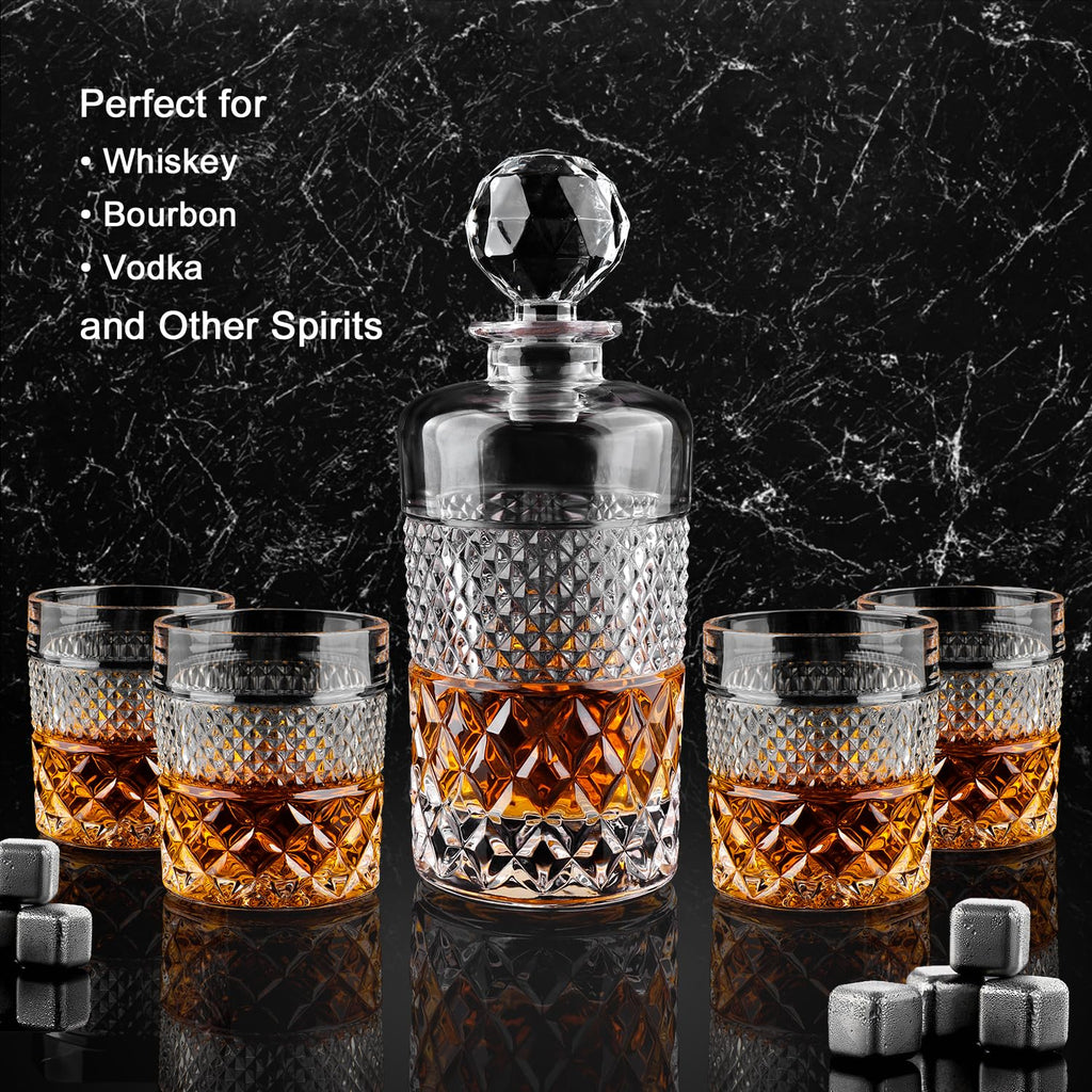 27oz Crystal Whiskey Decanter Set with 4 Glasses D195