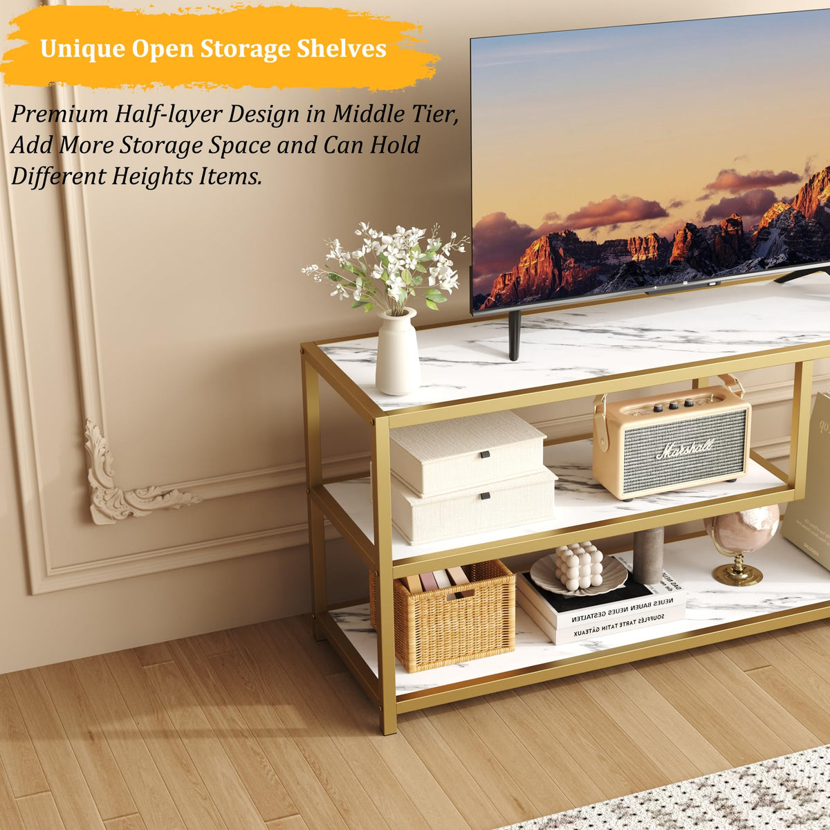TV Stand for TVs up to 55 Inch, 3 Tier Media Console with Open Storage Shelves Y434