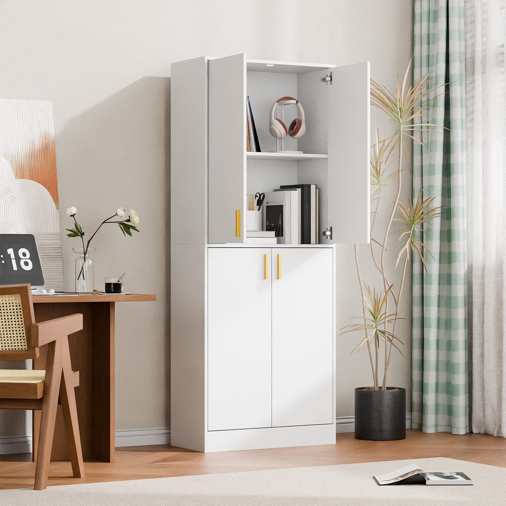 White Wood Storage Cabinet with Doors and Shelves I439