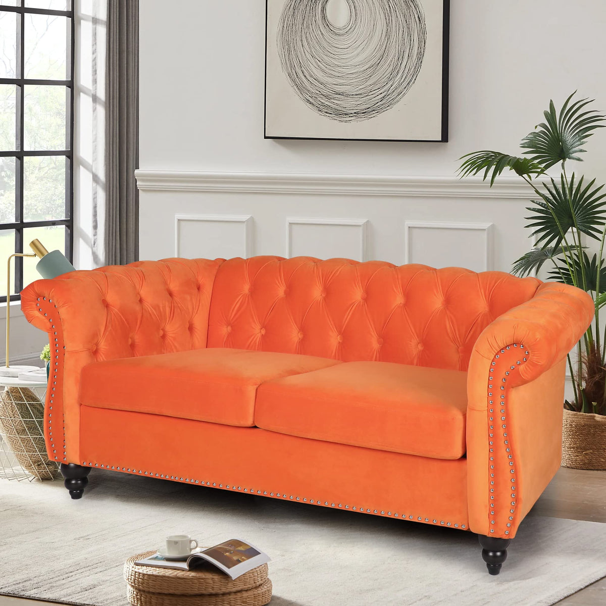 Orange Velvet Chesterfield Loveseat Sofa K3393